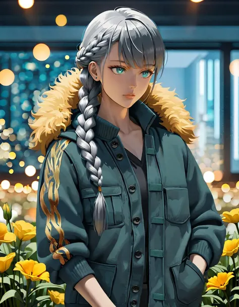 Professional fashion portrait, innovative fashion, amazing quality, best quality, high quality, masterpiece, absurdres, 4K, 8K, 64K, UHD, extremely detailed, beautiful color, aesthetic, 
BREAK
[by wlop:Gen Urobuchi:0.5], impasto,
BREAK
(A super model),  hot, detailed beautiful face, detailed beautiful eyes, Hooded cardigan with a toggle closure and faux fur trim, ((designed by Tim Coppens and Elaine Constantine)), a final stand, relaxed pose, beautiful and breathtaking hairstyle, (intricate detailed hair:1.4), front braid, 
BREAK
Random blend of art background, Action Painting and Traditional, Lily Stargazer and small bluish-green tufted climbing plant, fibrous texture slender corm, scaly,  textured compound inflorescence complete flower, spatulate,    , ancient civilizations, random composition, diverse textures and patterns, mix of architectural styles, natural and urban elements, vibrant colors, varying lighting conditions, richly decorated, unexpected details, high resolution, visually complex, immersive environment, this image combines historical elegance with science fiction, creating a visually stunning and imaginative artwork,  [(details:1.2): [ (many small details:1.3) : [ (many ultrasmall details: 1.2):(very detailed ultrasmall edges and microrelief:1.5):0.7 ]: 0.4 ] :0.2],
break
advanced lighting techniques, high dynamic range, vivid and accurate colors, harmonious color scheme, meticulously detailed, visually stunning, emotionally engaging, sharp contrast, digital painting quality, cinematic quality, subtle shadows, Complex Shading, Immersive Depth, Advanced Rendering, Depth of Field, sharp focus, Depth and Perspective, bokeh, vintage, faded film, film grain, LUT, taken by Martin Parr,  <lora:xl_more_art-full_v1:1>,