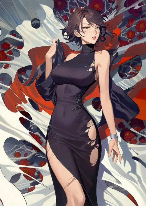 tsuruta ichiro, Narrow-eyed, 1girl in, Allback、deadpan、short-hair、shorth hair、brow、Reluctance、A dark-haired、Tucked Hair Solo, Cowgirl, Onepiece, ((mideum breasts)), Thin slit eyes、Black eyes, Light shines on the eyes、Black hair, gloves, Dress, Luxurious Jewelry, earrings, sharp eye、 elbow groves,Raise your hands and tie your hair back, random color, random color dress, Makeup for long eyes, Slender eyes、lip stick, Complex petal pattern, Rim Light, Back Light, pastel color,Studio Lighting