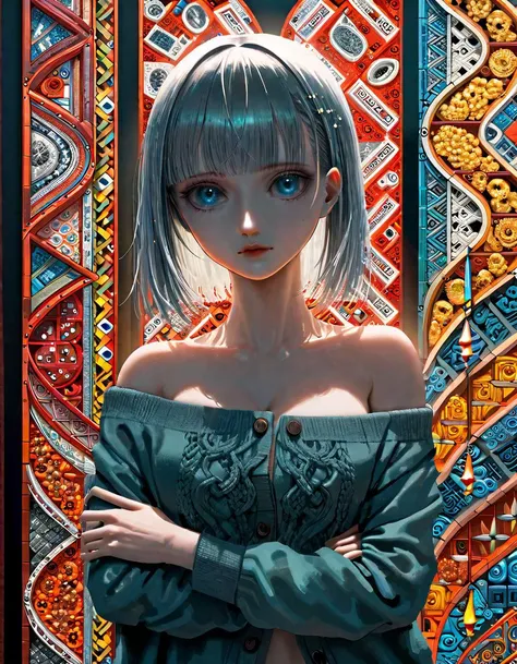 Professional fashion portrait, innovative fashion, amazing quality, best quality, high quality, masterpiece, absurdres, 4K, 8K, 64K, UHD, extremely detailed, beautiful color, aesthetic, 
BREAK
[by r1zen:Yoh Yoshinari:0.5], 3d,
BREAK
(A super model),  flawless, detailed beautiful face, detailed beautiful eyes, Off-the-shoulder cardigan, ((designed by Becca McCharen-Tran and Barbara Kruger)), a final stand, relaxed pose, beautiful and breathtaking hairstyle, (intricate detailed hair:1.4), nihongami, 
BREAK
Random blend of art background, excessivism and Modern, Salix and prolific colorless rosette rounded plant, papery texture serrated herbaceous stem, knobby, heart-shaped linear leaf, parallel venation, tufted-rosette, sinuate leaf margin,   bracteolate, spiral,  , ancient civilizations, random composition, diverse textures and patterns, mix of architectural styles, natural and urban elements, vibrant colors, varying lighting conditions, richly decorated, unexpected details, high resolution, visually complex, immersive environment, this image combines historical elegance with science fiction, creating a visually stunning and imaginative artwork,  [(details:1.2): [ (many small details:1.3) : [ (many ultrasmall details: 1.2):(very detailed ultrasmall edges and microrelief:1.5):0.7 ]: 0.4 ] :0.2],
break
advanced lighting techniques, high dynamic range, vivid and accurate colors, harmonious color scheme, meticulously detailed, visually stunning, emotionally engaging, sharp contrast, digital painting quality, cinematic quality, subtle shadows, Complex Shading, Immersive Depth, Advanced Rendering, Depth of Field, sharp focus, Depth and Perspective, bokeh, vintage, faded film, film grain, LUT, taken by Martin Parr,  <lora:xl_more_art-full_v1:1>,