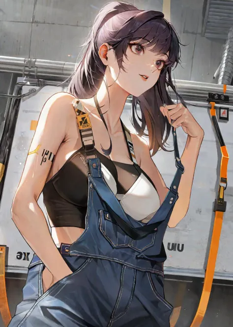 by 7nu
 1girl,  
 bikini 
strap slip, 
oversized Overalls
 pants 
garage 
beautiful, aesthetic, detailed, beautiful color amazing quality, best quality, high quality