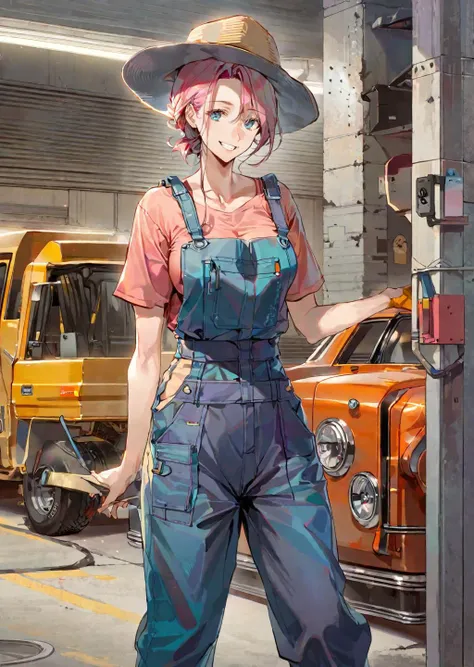 by dsmile9,
1girl,
bra
hat
oversized Overalls
pants
garage
beautiful, aesthetic, detailed, beautiful color amazing quality, best quality, high quality