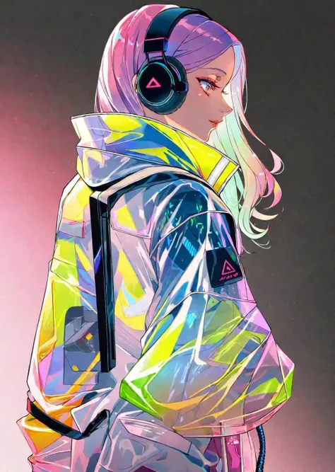 by ajimita
1girl,
headphone,  reflective fabric inner, transparent PVC jacket, backpack,  
Light_gradient_background,
cyberpunk
beautiful, aesthetic, detailed, beautiful color amazing quality, best quality, high quality