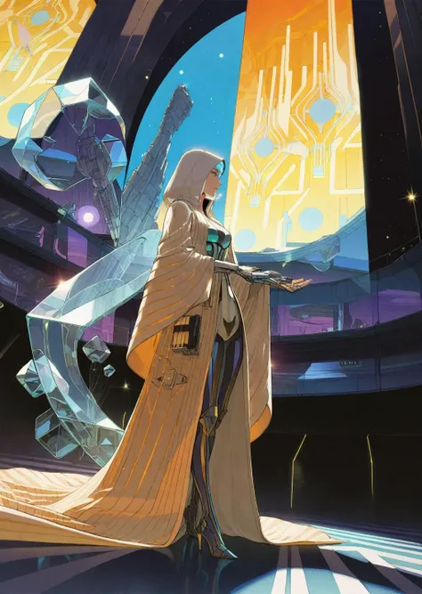 by wanke
by syd mead by moebius
1girl,
glass armor
colorful cloak
shadows
cinematic lighting
glowing particles
beautiful, aesthetic, detailed, beautiful color amazing quality, best quality, high quality