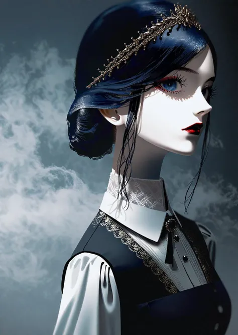 Professional fashion portrait, innovative fashion, gothic horror, dark fantasy, 
BREAK
[by rella:by fuenze:0.7],
BREAK
[realistic:flat-pasto:0.6],
BREAK
1girl, detailed face, eerie beauty, hauntingly beautiful, sinister elegance, macabre aesthetic, ghostly, shadowy, mysterious, ethereal, haunted eyes, pale skin, melancholy gaze, lost soul, spectral beauty, 
BREAK
Silk collared shirt tucked into a metallic pleated flared skirt, paired with pointed-toe pumps.,
BREAK
moonlit night, fog-enshrouded, spectral glow, decaying elegance, victorian gothic, whispering shadows, chilling atmosphere, supernatural horror, cursed beauty, otherworldly allure, deep darkness, velvet darkness, enigmatic portrait, 
BREAK
gothic horror perspective, Depth of Field, sharp focus, vintage, faded film, film grain, LUT, taken by Martin Parr,  
BREAK
beautiful color, aesthetic, detailed, amazing quality, best quality, high quality,