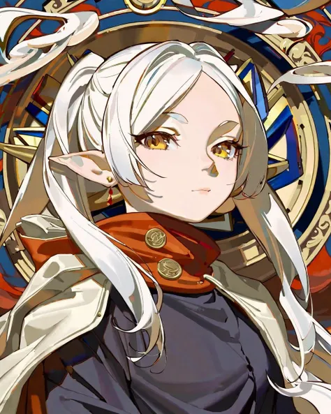 artist: timbougami, by shisantian, style: celluloid, impasto, frieren, 1girl, simple background, white hair, elf, best quality, detailed, beautiful