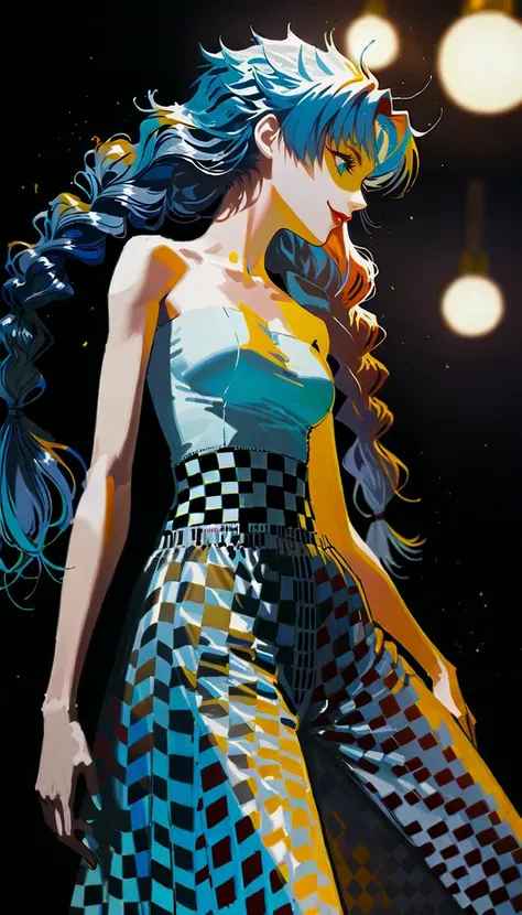 Professional fashion illustration, (Full-body portrait), innovative fashion design, aesthetic value, cinematic composition,
BREAK
masterpiece, amazing quality, best quality, high quality, 4K, 8K, 64K, UHD,
BREAK
extremely detailed, intricate details, absurdres, beautiful color, aesthetic,
BREAK
1girl, super model, perfect, smile, detailed long hair, beautiful and breathtaking hairstyle, (intricate detailed hair:1.4), low-tied long hair, pinterest hairstyles, hairstyle inspired Jack McCollough, crazy alternate hairstyle, <lora:hair_style:1>,
BREAK
a final stand, dynamic pose, looking away,
BREAK
strapless, bare shoulders, collarbone, Checkered pants, white t-shirt, and sneakers, (designed by Alessandro Michele and Elizabeth Peyton),
BREAK
perspective from below,
BREAK
simple background, black background, advanced lighting techniques, high dynamic range, vivid and accurate colors, harmonious color scheme, meticulously detailed, visually stunning, emotionally engaging, sharp contrast, digital painting quality, cinematic quality, subtle shadows, Complex Shading, Immersive Depth, Advanced Rendering, Depth of Field, sharp focus, Depth and Perspective, bokeh, vintage, faded film, film grain, LUT, taken by Diane Arbus, <lora:xl_more_art-full_v1:0.8>,