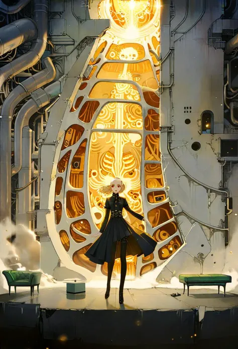 Professional fashion illustration,
by Victo Ngai, by nocopyrightgirl, by Ilya Kuvshinov, by makoto shinkai, 
Gouache, 
1girl, solo, trolls, detailed face, detailed eyes, parted lips, Shaved head with a beard, super model, fashionable, perfect anatomy, looking at viewer, 
Pleated button-front blouse with a mandarin collar and cap sleeves designed by Yayoi Kusama and by Edward Gorey,
full body shot, elegant pose, confused, taken by Alfred Stieglitz,
A grand cinema with a plush interior, its walls covered in intricate relief sculptures and illuminated by gleaming chandeliers. The screen is framed by dramatic plasterwork and ornate metal accents, while comfortable velvet seats fill the auditorium., Radial, Golden Ratio, room light, [megastructure, concrete walls, pipes, frames, cables, deep, weird:0.3], designed by Julie Mehretu,
break
[flat color:cel shading:0.65],
beautiful, aesthetic, ethereal, mysterious, detailed, beautiful color, 
amazing quality, best quality, high quality,  <lora:Rella:0.3>, TNstyle, <lora:Tsutomu_Nihei_OaN_Style:0.8>, <lora:xl_more_art-full_v1:1.0>,