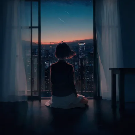 amazing quality, masterpiece, best quality, absurdres, beautiful, detailed shadow, aesthetic, 1girl, solo, curtains, sky, from behind, sitting, short hair, night, window, skirt, facing away, black hair, scenery, star (sky), indoors, night sky, dark, cityscape, jacket, wind, white skirt, long sleeves, starry sky, blurry, building, <lora:Rella:1>