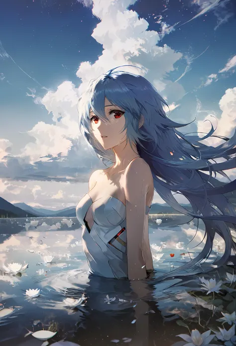 aesthetic, detailed, beautiful color, amazing quality, best quality, high quality, cinematic quality, LUT, fine texture, crisp detail,
by rella, by_dkxlek, by makoto shinkai, 
ayanami_rei, beautiful, parted lips, detailed face, detailed eyes, Large eyes, deep crimson eyes, introspective eyes, eyes designed by Ilya Kuvshinov style, 
(detailed long hair), blue hair, white hair, (holographic hair), multicolored hair, glow hair, transparent hair, floating hair, wind effect, 
sad expressions, lonely, melancholy atmosphere, subtle grace, elegance, ethereal beauty, transparent, clarity, 
 from side, looking at viewer,  
off shoulder, bare shoulders, splashing collarbone, strapless, white dress, wet dress, 
standing in lake, Calm Lake, water, White Lily, petals, barefoot, ripples, Misty Forest, soft shadows, (clear blue sky), cloud, cloudy sky, starry sky,  particle, feather, [moon], 
(high-resolution sci-fi landscape:1.3), post-human landscapes, thousands of years in the future, Earth, overgrown cities, reclaimed by nature, futuristic decay, ancient modern buildings, high-resolution ruins, (rust in ruins, collapsed building), 
[3d:celluloid:0.6],
Depth of Field, sharp focus, bokeh, 
<lora:Rella:0.4>, <lora:xl_more_art-full_v1:1>,