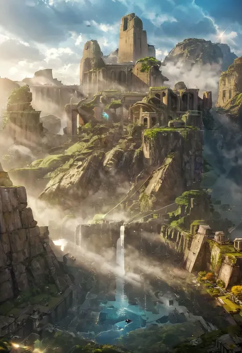 (Ancient megalithic civilization, Azka Lines, on Easter Island:1.5), (The colonial city of the future, in the mist-filled Grand Canyon, on an unknown Earth-like planet, 2 moon on sky, Spaceship flight connects colonies, waterfulls:1.3), (Machu Picchu, a mountain settlement, incredibly spectacular:1.2), (Mario Botta:1.3), (avant-garde, future, reality, science fiction, photorealistic), (modern architecture:1.2), White limestone with black granite, fountain, waterfall, landmark, square, path, narrow street,
(Large Files, Ultra Realistic, 8K, 16k, FHD, HD, VFX, Perfect, Photography, composition, Architecture Sales Photography, Architecture Competition, Ultra High Resolution, Cinematography, High Resolution Image:1.1), (dramatic lighting, direct sunlight, ray tracing, clear shadow:1.2), (real landscape:1.1), (blurred background:1.0), (urban background, more_details) ,
great lighting, clear, hillscastel, catastrophe, ruined, collapsed, flooded