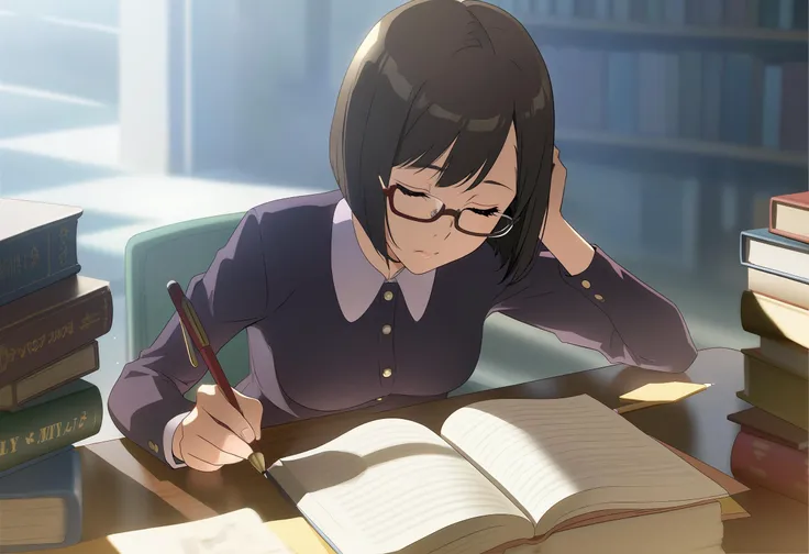 black short bob cut, half closed eyes, glasses, collared shirt, pencil, book, amazing quality, beautiful color, detailed, celluloid, good lighting and shadow