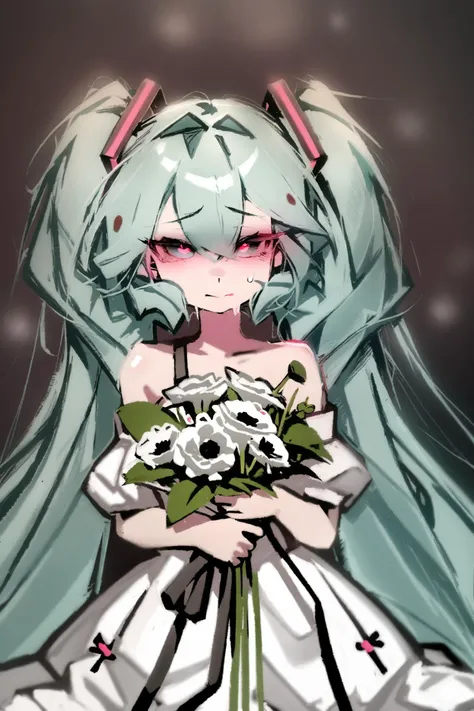 by electrophorus, best quality, hatsune miku, 1girl, flower, solo, long hair, dress, twintails, holding, white dress, bouquet, white flower, bare shoulders, off-shoulder dress, aqua hair, very long hair, holding bouquet, off shoulder, lily pad