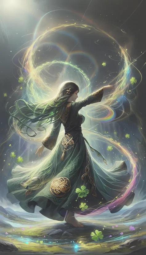(a celtic goddess), praying, dancing, super model, detailed face, closed eyes, detailed long hair, glow hair, transparent hair, floating hair, wind effect, perfect anatomy, barefoot,
(Celtic Stone Circle, Celtic cross, Celtic stone, Celtic knots, Celtic spiral patterns, shamrock), ancient Celtic forest, moss carpet, deep,
twirl effects, ring effects, whirling, (rainbow:1.5), purple, green, gold, (neon), salmon, god rays, majestic, mythical, 
[flat-pasto:celluloid:0.7],
aesthetic, extremely detailed, beautiful color, (amazing quality:1.5), best quality, high quality,
ral-cltc, <lora:ral-cltc:0.9>, <lora:ArtfullyDERVISHFLOW_SDXL_V1:0.6>, <lora:add-detail-xl:1>,