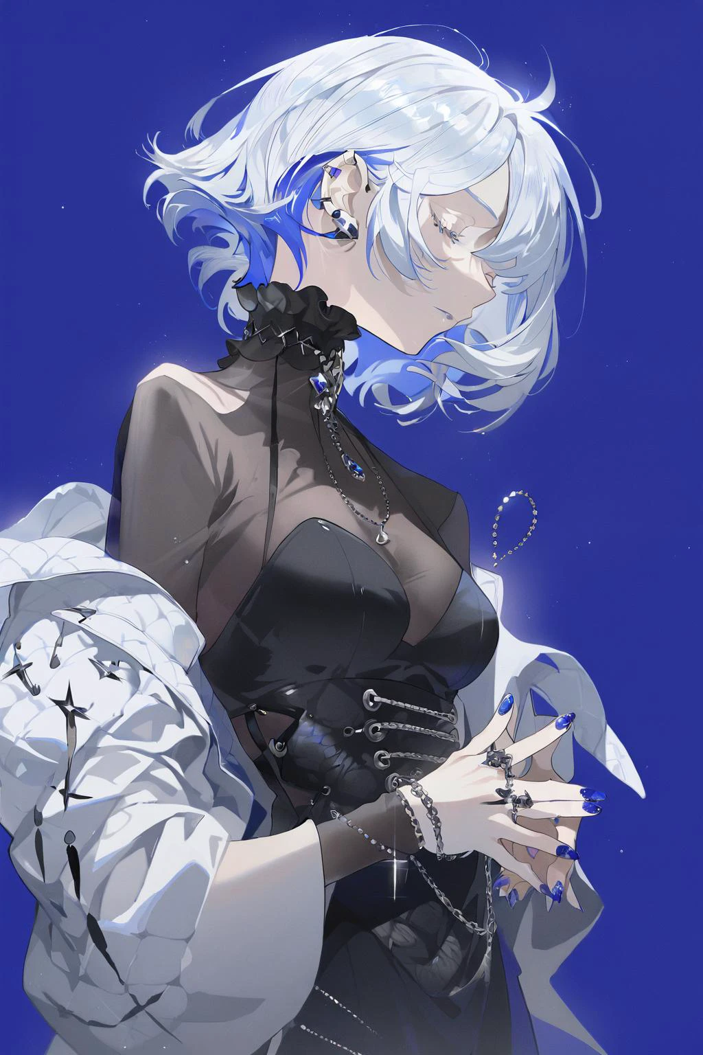 1girl,solo,breasts,short hair,shirt,long sleeves,dress,jewelry,medium breasts,blue hair,jacket,closed eyes,white hair,multicolored hair,cowboy shot,earrings,off shoulder,nail polish,black dress,profile,blue background,white jacket,own hands together,side slit,blue nails,blue theme,hair behind ear
,aesthetic, detailed, beautiful color amazing quality, best quality, high quality <lora:lora:1>