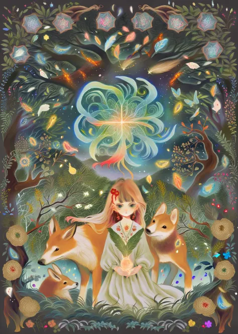 by sannso by yogisya,  flat color
1girl  piercing eyes,
healing animals in forest. glowing particles, celtic knot, mythical
beautiful, aesthetic, detailed, beautiful color amazing quality, best quality, high quality