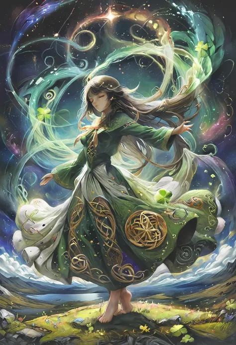 (
by yogisya, by Christine Ellger, by Yoshitaka Amano, by makoto shinkai, by Ilya Kuvshinov,
1girl, a young and beautiful female druid praying, dancing, super model, detailed face, closed eyes, detailed long hair, glow hair, transparent hair, floating hair, wind effect, perfect anatomy, barefoot,
perspective from below,
Celtic Stone Circle, Celtic cross, Celtic stone, Celtic knots, Celtic spiral patterns, shamrock,
BREAK
twirl effects, ring effects, whirling, rainbow, green, gold, neon, ink, effects designed by Yoneyama Mai, shiny, sparkling, dimly luminous, realistic lighting, Enhanced Lighting Effects, transparent, rays, god rays,
majestic, mythical, [(details:1.2): [ (many small details:1.3) : [ (many ultrasmall details: 1.2):(very detailed ultrasmall edges and microrelief:1.5):0.7 ]: 0.4 ] :0.2],
Background:Irish landscape, coastline, cliffs, sea, horizon, ancient Celtic forest, moss carpet,  clear blue sky, starry sky, space, nebula, aurora, milky way, shooting star, deep,
[flat color:thin-pasto:0.6],
aesthetic, detailed, beautiful color, (amazing quality:1.5), best quality, high quality,
ral-cltc, <lora:ral-cltc:0.9>, escher, <lora:Escher_SDXL:0.3>, <lora:ArtfullyDERVISHFLOW_SDXL_V1:0.5>, <lora:YoneyamaMai:0.2>, <lora:xl_more_art-full_v1:1>, <lora:add-detail-xl:1>, 
:1.2)