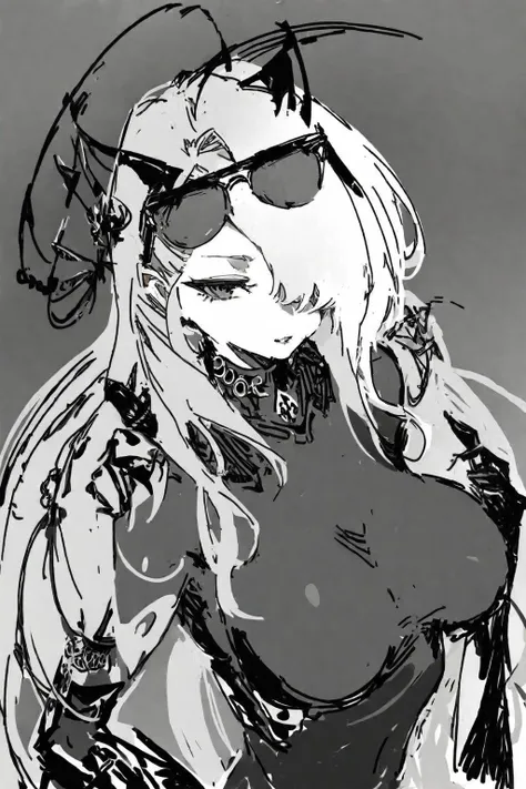 masterpiece, (best quality), by buerq,1girl, antennae, arthropod_girl, breast_hold, breasts, crossed_arms, eyewear_on_head, greyscale, hair_over_one_eye, halo, large_breasts, monochrome, simple_background, sketch, solo, sunglasses