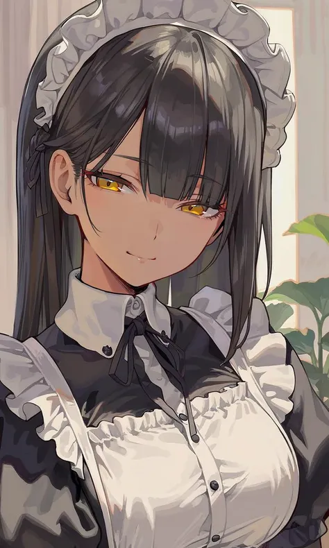 black hair, yellow eyes, maid, light smile, half closed eyes, detailed, beautiful color, extremely detailed, (amazing quality:1.5), (1girl, solo),
