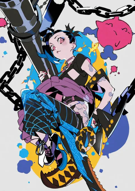 by yoneyama mai
1girl, jinx
long black hair
kimono
rocket
chains