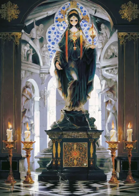 by yogisya,
1girl
a statue of a group of angry and anxiuous people surrounded by candles, baroque dark art, venusian statue, black marble intricated with gold, shadows, high contrast, rim light
concept art sci-fi fantasy character design