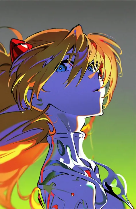 best quality, masterpiece, by yoneyama mai, 1girl, blue eyes, solo, long hair, souryuu asuka langley, looking at viewer, gradient background, gradient, orange hair, upper body, bangs, hair ornament, hair between eyes