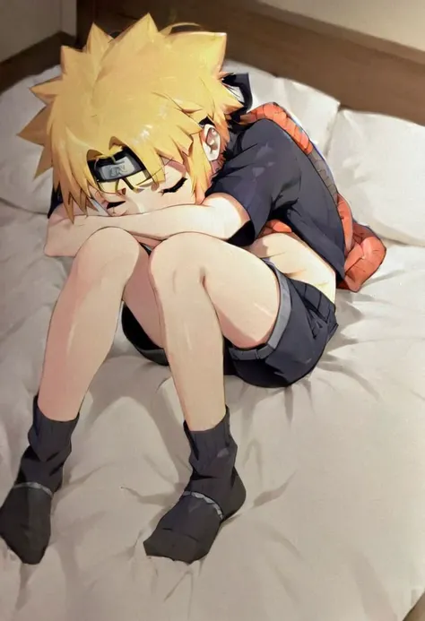 ,,naruto
  wearing socks on feetsleeping in bed,black shorts,so cute ,so sweet,
smooth top of head,