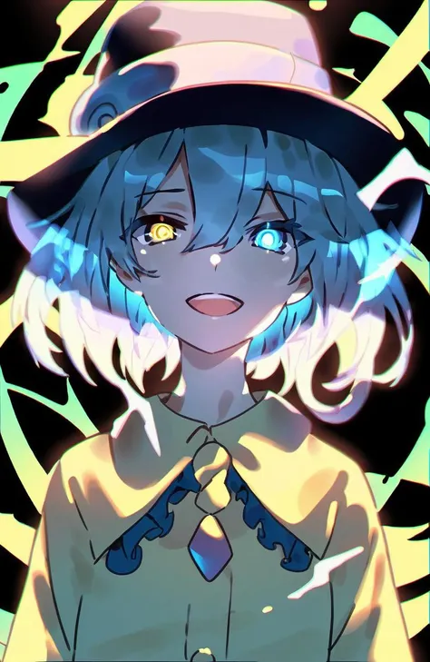 by uuuzan, komeiji koishi, 1girl, hat, solo, open mouth, shirt, yellow shirt, upper body, frills, black headwear, smile, teeth, glowing, looking at viewer, upper teeth only, frilled shirt collar, ribbon, hat ribbon, third eye, medium hair, water, black background, yellow ribbon, bangs, :d, hat bow, long sleeves, bow, yellow bow, short hair, hair over one eye, bright pupils, blouse, hair between eyes, blue eyes, buttons, collared shirt, glowing eyes