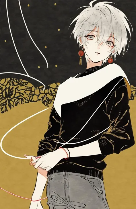 by tsubonari, solo, male focus, 1boy, earrings, jewelry, string, black shirt, pants, shirt, looking at viewer, string of fate, grey eyes, short hair, white hair, hair between eyes, parted lips, cowboy shot, long sleeves, grey hair, grey pants, sweater