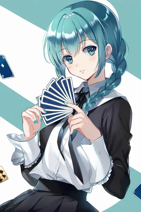 1boy, long light blue hair, Wearing an dark blue suit, black pants, circus, high res, white face makeup, red teardrop, falling cards, 8k, ultrasharp, longhair, hands behind hes back