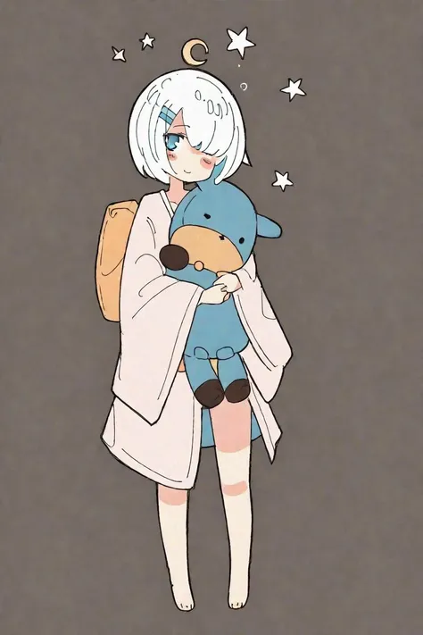 by haru, original, 1girl, barefoot, blue eyes, collarbone, crescent, eyes visible through hair, full body, hair over one eye, head tilt, holding, holding stuffed toy, hugging object, lingerie, long sleeves, looking at viewer, negligee, short hair, simple background, sleepy, solo, standing, star (symbol), stuffed animal, stuffed penguin, stuffed toy, underwear, white background, white hair, wide sleeves