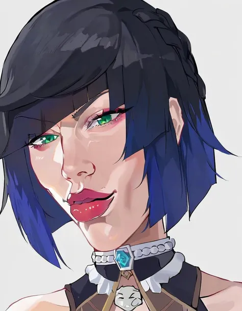 1girl, solo, yelan \(genshin impact\), green eyes, portrait, lips, white background, meme attire, aesthetic, detailed, beautiful color, amazing quality, <lora:KazuyaGuy:1>