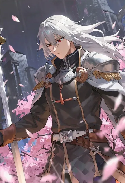 1boy, solo, male, in high fantasy outfit with long sleeves, intricate hairstyle, cold and cruel look, white hair, high collar over coat, chest armor. bloomer pants, pendant, belt, holding elaborate white sword, white cherry blossoms, by nnoelllll, by r1zen, by swav, beautiful color, amazing quality, detailed, 3d, photorealistic, best lighting and shadow, high contrast, at night, sci-fi cityscape
