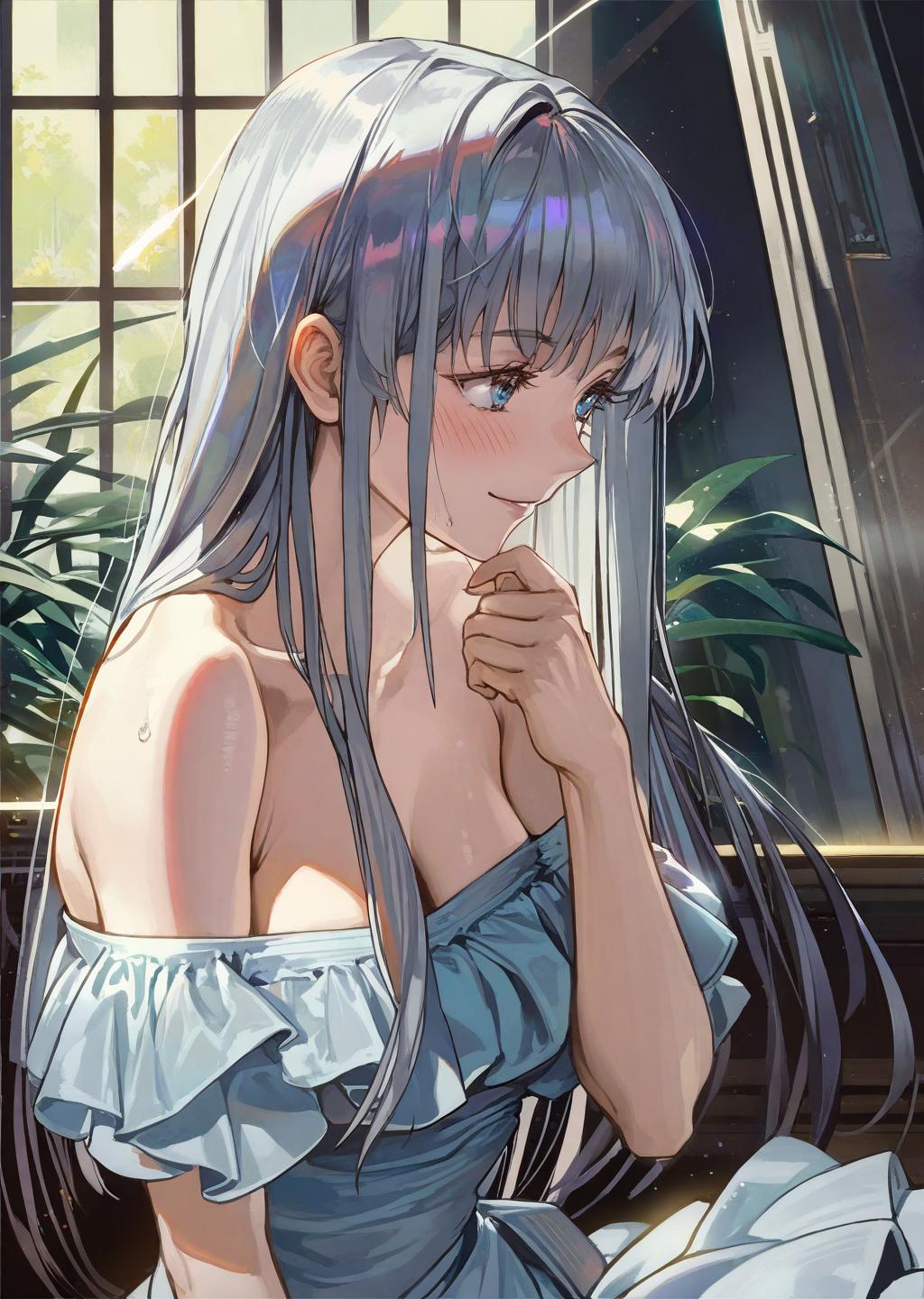 Anime girl with long hair and blue dress sitting on a bed - SeaArt AI