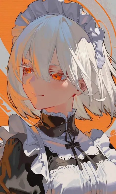 white hair, orange eyes, maid, light smile, half closed eyes, detailed, beautiful color, extremely detailed, (amazing quality:1.5), (1girl, solo),