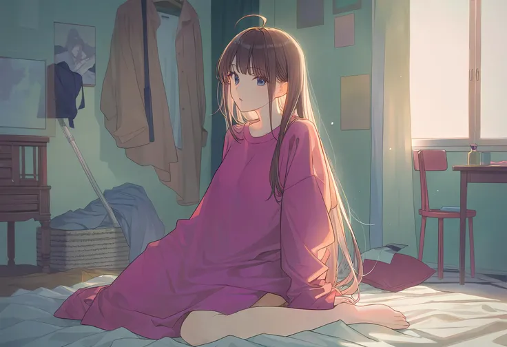 detailed, amazing quality, a girl in oversized clothes, lazily sitting on her bed, her room is intricately detailed, frame
