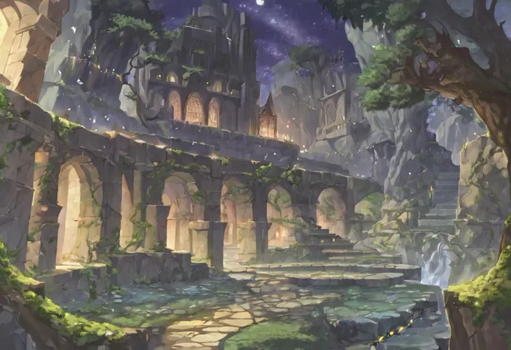 ancient stone tower, climbing vines, barred windows, walls, warheads, fairy tale castle, full moon, sky, landscape, silver light, mysterious shadows, surrounding trees, at the base of the tower, a young girl with red hair starring the image, clothes from a distant past, horizon, determination, bright bow, ancient forest, ancient trees, wind, crunchy leaves, wet moss, vegetation, night, wolf pack, shining eyes, bared fangs, gesture of determination, heroine legendary, danger, adventure, stone bridge, winding river, murmuring waters, twinkling stars, winding paths, flickering torches, thick fog, ancient whispers, spiral staircases, ancient scrolls, magic swords, forgotten relics, haunted ruins, gargoyles watchmen, fate intertwined, mystical creatures, night breeze, high quality anime, anime masterpiece, detailed anime, wallpaper 4k