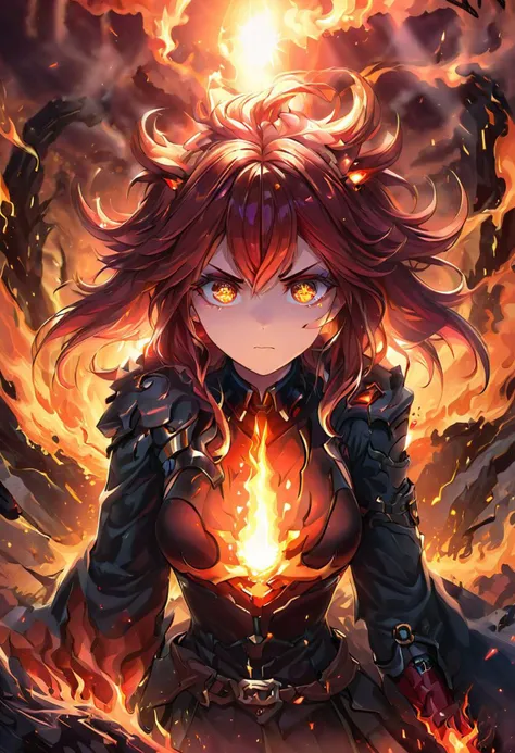 girl, pretty face , adult, red cristal hair, long hair, serious face, lightning eyes ,fire scale, yell, cute, nodes, zoom eyes, asymmetrical hair, clouds, Messy hair, dark eyeliner, dark eyeshadow, depth of field, Intricate clothes , oval face, masterpiece, sunlight, fire, lava, (detailed beautiful eyes),(sharp:1.2), (detailed:1.2), (HD:1.2), (HDR:1.2), (8K:1.2), (best quality:1.2), (best resolution:1.2), maximalist, (masterpiece:1.2)