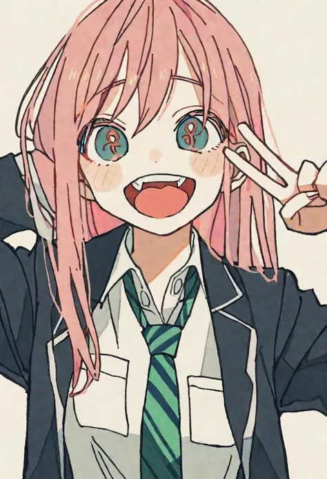 by tsvbvraa masterpiece with best quality, detailed 4k illustration,(flat_color:0.8),1girl,,solo, long hair, pink hair, open mouth, (fang), necktie,  v, smile, jacket, open mouth, school uniform, looking at viewer, green necktie, upper body, simple background, striped necktie, shirt, long sleeves, grey jacket, (grey eyes), :d, collared shirt, blazer, white shirt, bangs, hand up, striped, blush, grey eyes, teeth,