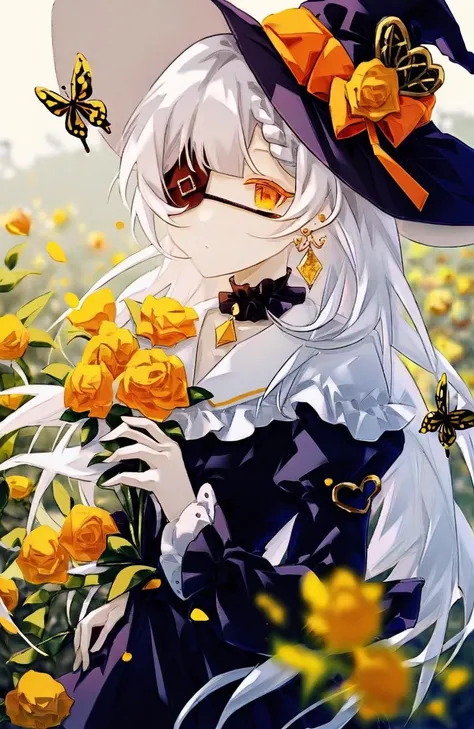 by mechari, 1girl, flower, hat, witch hat, solo, bug, long hair, braid, butterfly, black headwear, dress, rose, yellow rose, holding, white hair, yellow flower, frills, eyepatch, looking at viewer, frilled sleeves, blurry background, yellow eyes, frilled dress, blurry, earrings, orange eyes, very long hair, jewelry, closed mouth, bangs, heart, witch, flower over eye, yellow butterfly, choker