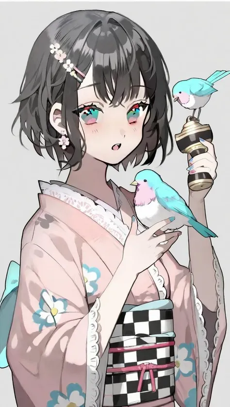 by karohroka, 1girl, animal on shoulder, bird, japanese clothes, bird on shoulder, kimono, solo, hair ornament, upper body, short hair, holding, hairclip, sash, obi, bangs, nail polish, earrings, wide sleeves, jewelry, floral print, simple background, corded phone, white background, open mouth