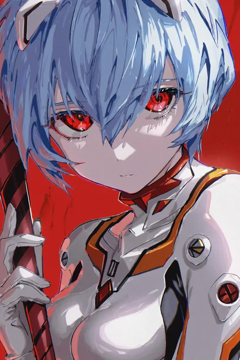 by roitz, ayanami rei, 1girl, solo, plugsuit, red eyes, blue hair, short hair, red background, white bodysuit, holding, looking at viewer, bodysuit, upper body, breasts, hair between eyes, bangs, holding weapon, closed mouth