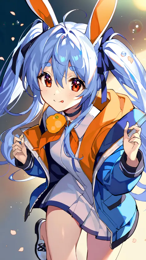 best quality, masterpiece, by teffish and ask and hyatsu and caaaaarrot and chi4 and reiko and hlymoriia, 
by nardack, usada pekora, 1girl, virtual youtuber, solo, jacket, blue hair, looking at viewer, blue jacket, open jacket, ribbon, animal ears, short hair, tongue out, hair ribbon, smile, tongue, thick eyebrows, open clothes, bangs, rabbit ears, dress, long sleeves, blue ribbon, red eyes, shoes, closed mouth, white choker, choker, standing on one leg, white dress, two side up, fur trim, standing, fur-trimmed jacket, neckerchief, 
depth of field, blurry, glow, best lighting and shadow, lens flare, stunning color, petal color