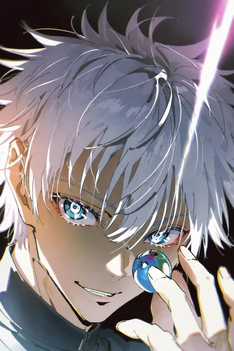 a masterpiece with best quality, detailed 4k illustration, by yoneyama mai, by rolua, 1boy, solo, smile, satoru gojo,white hair,short hair, hair between eyes, jacket, gakuran, blue eyes,colored eyelashes, black background, depth of field, blurry, stunning color, chromatic aberration, cinematic lighting and shadow, high contrast, dramatic angle, dynamic pose, <lora:gojosatoruxl1:1>, realistic and detailed ball of energy in a hand of a powerful