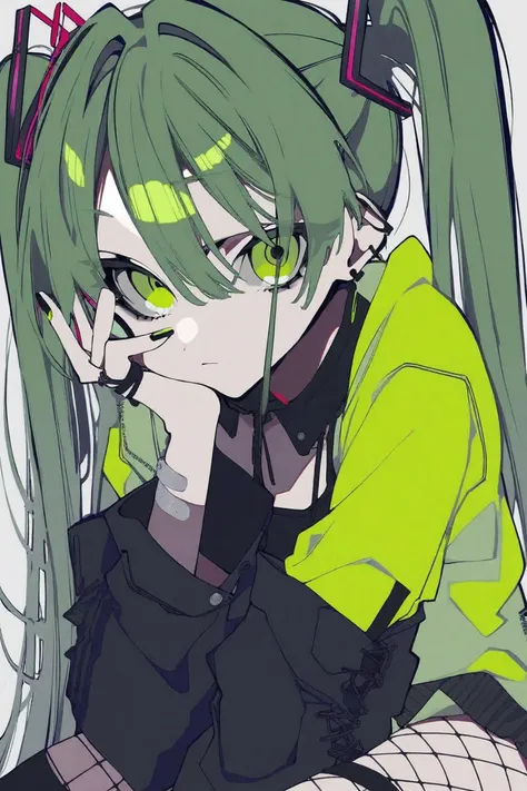 by mochizukikei, best quality, 1girl, hatsune miku, solo, simple background, white background, looking at viewer, sitting, closed mouth, ear piercing, green eyes, hair between eyes, very long hair, green hair, twintails, bangs, bandaid, fishnet legwear, jacket, torn clothes, fishnet thighhighs, long sleeves, earrings, garter straps