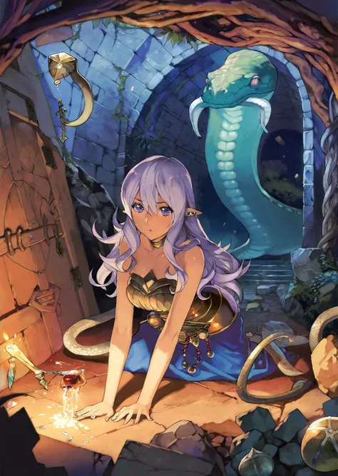 by oda non
by rella, by yogisya
beautiful girl,
piercing eyes
masterpiece, best quality, high quality, highres, absurdres, very detailed, high resolution, sharp, sharp image, 8k, vivid,stunning, anime, aesthetic
In the depths of an ancient dungeon, dimly lit torches cast flickering shadows on moss-covered stone walls. The air is thick with a musty scent, and the distant echoes of unseen creatures add an eerie ambiance. In the center of the dungeon, a courageous girl, adorned in worn but resilient armor, cautiously navigates the labyrinthine corridors.
Her path is illuminated by the soft glow of a magical crystal held in one hand, revealing intricate carvings and ancient runes on the dungeon walls. Sinister vines snake along the edges, hinting at an otherworldly presence. The girl's determined expression and the glint of a hidden key at her side suggest a quest for freedom or treasure, as she bravely faces the unknown challenges that lie ahead in this fantastical underground realm.