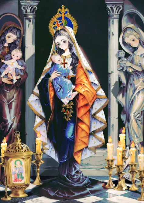 , by yogisya, by rella
a statue of Mary holding Jesus, surrounded by candles, baroque dark art,
black marble intricated with gold,
shadows, high contrast, rim light
masterpiece, best quality, high quality, highres, absurdres, very detailed, high resolution, sharp, sharp image, 8k, vivid, colorful, stunning, anime