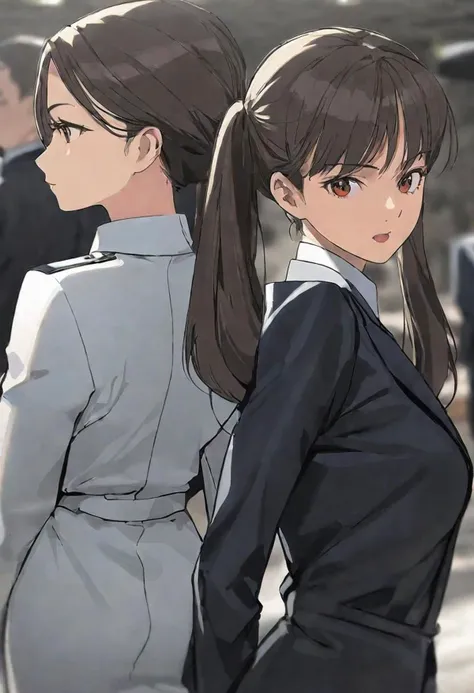 dynamic pose,depth of field,close-up,sharp focus,(2girls:1.2),Different expressions,Missy and bodyguard,Back to back