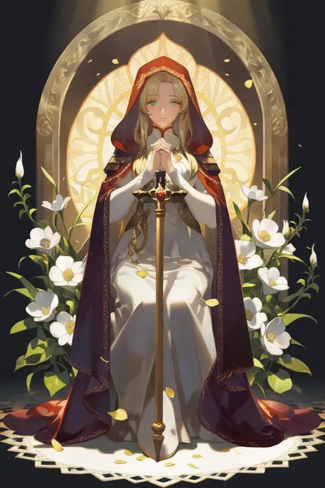 best quality, masterpiece, by reiko, alchemy stars, full body, character illustration, (ultra-detailed:1.3), highres, best lighting and shadow, stunning color scheme, 1girl, solo, flower, blonde hair, long hair, holding, white flower, black background, dress, praying, white dress, own hands together, sitting, green eyes, hood, weapon, sword, staff, petals