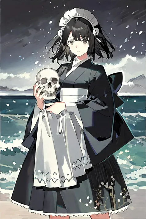 by starshadowmagic,1girl, holding skull, solo, holding, skull, maid headdress, looking at viewer, black hair, japanese clothes, medium hair, apron, kimono, black eyes, wa maid, black kimono, long sleeves, ocean, maid apron, white apron, closed mouth, wide sleeves, water, bangs, maid