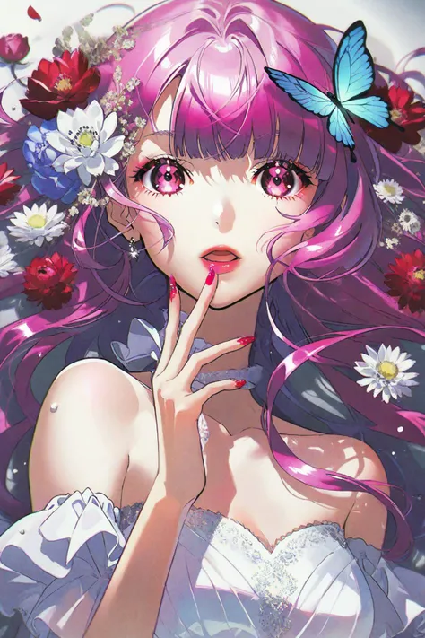 best quality,aesthetic,detailed,by yoneyama mai,colorful,1girl,solo,upper body,looking at viewer,multicolored eyes,pink eyes,one eye covered,flower over eye,eyelashes,long hair,pink hair,purple hair,floating hair,multicolored hair,hair flower,hair ornament,bangs,breasts,white dress,dress,bare shoulders,fingernails,nail polish,flower,butterfly,bug,blue butterfly,blue flower,red flower,purple flower,strapless,petals,<lora:add-detail-xl:1>,<lora:d4rk01lXLP:1>,